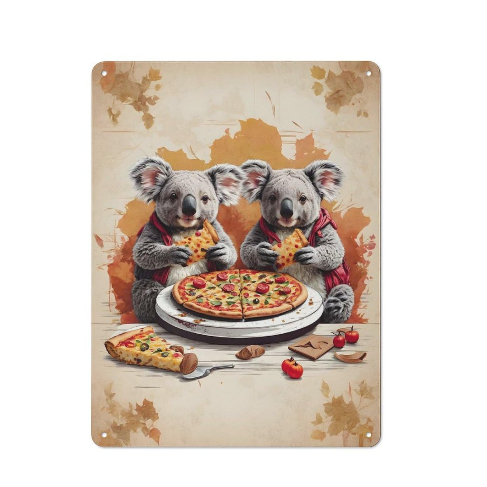Junmoney Twin Koalas Eating Pizza Rustic Tin Sign 40X30cm Featuring For Bar Or Restaurant, A Housewarming Gift For Bar Decor Enthusiasts