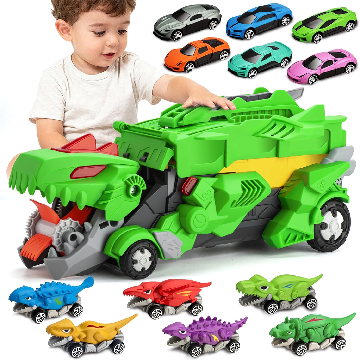 Dinosaur Toys Car for Kids 3-8 Year Old Boy Gift, Toddler Toys for 3 4 5 6 Years Old Boys & Girls Transport Dino Truck with 12 mini Cars & City Map Birthday for Kids