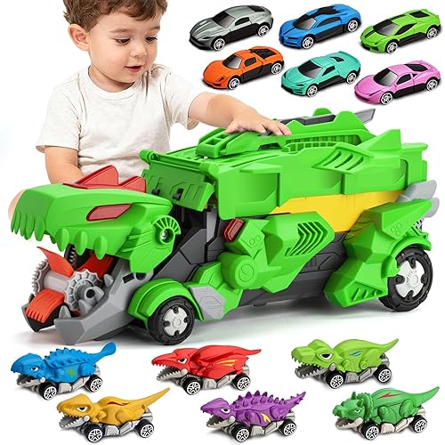 Dinosaur Toys Car for Kids 3-8 Year Old Boy Gift, Toddler Toys for 3 4 5 6 Years Old Boys & Girls Transport Dino Truck with 12 mini Cars & City Map Birthday for Kids