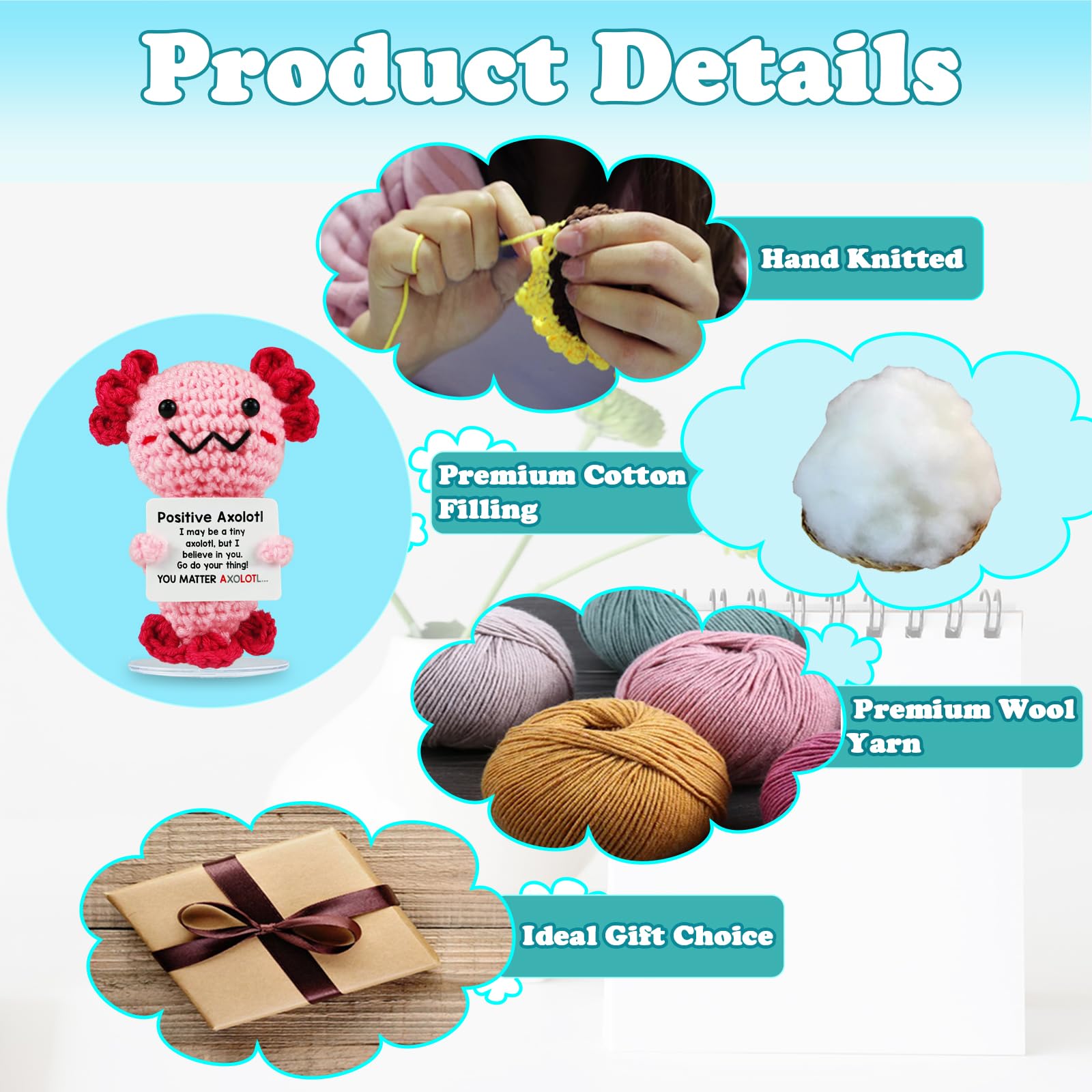 SZMDLX Positive Emotional Support Animals,Handmade Crochet Doll Knitted Stuffed Themed Good Luck Gifts Worry Dolls new job gifts for women & men (Axolotl) - Image 2