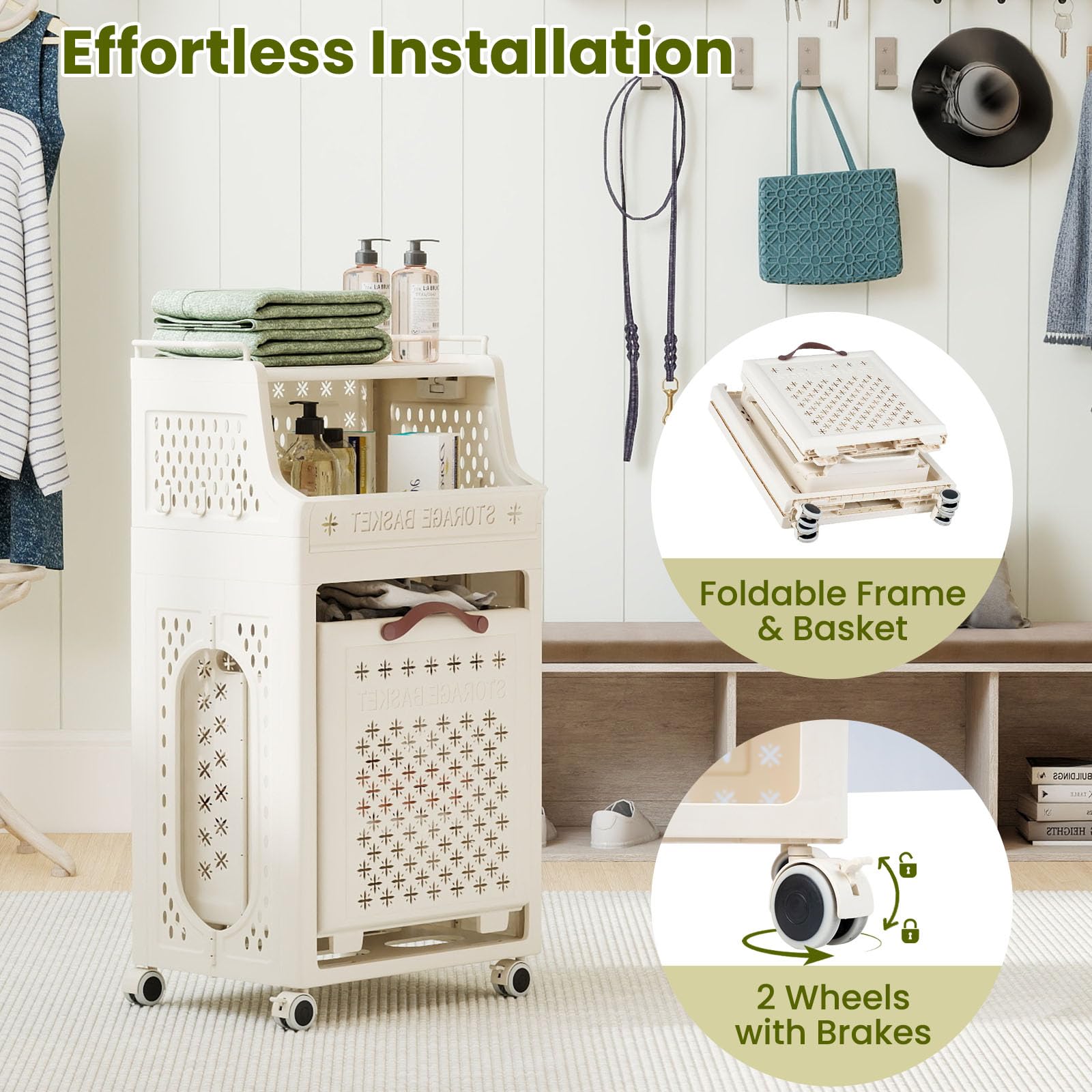 LIFEZEAL - Carrito de lavandería plegable de 3/4 niveles, cesta de ropa con ganchos, ruedas, carrito de almacenamiento móvil para lavandería, cuarto de baño, dormitorio (Beige2, 3 niveles sin barra de