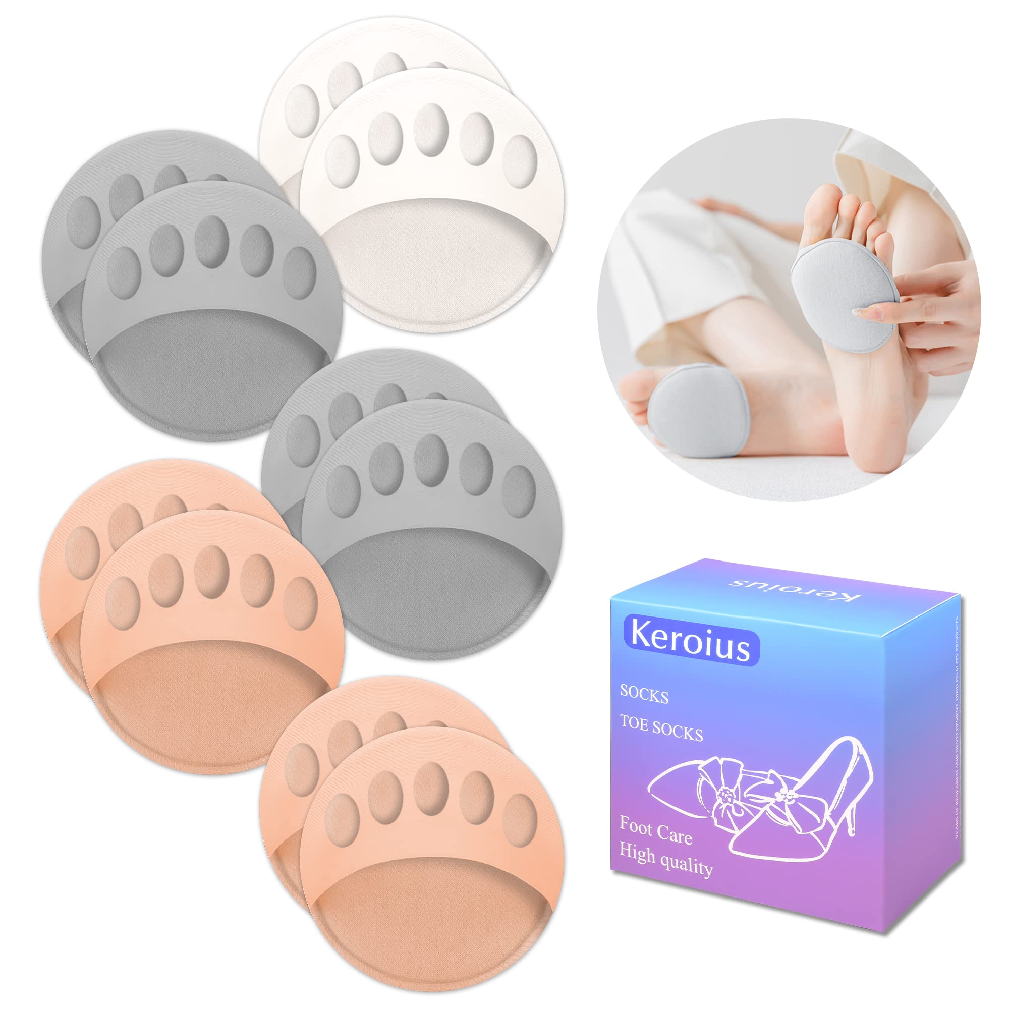 Honeycomb Fabric Forefoot Pads Breathable Soft Ball of Foot Cushion Pads, Invisible Women's Half Liner Socks Mat for Flats High Heels (5Paris(2beige-2gray-white))
