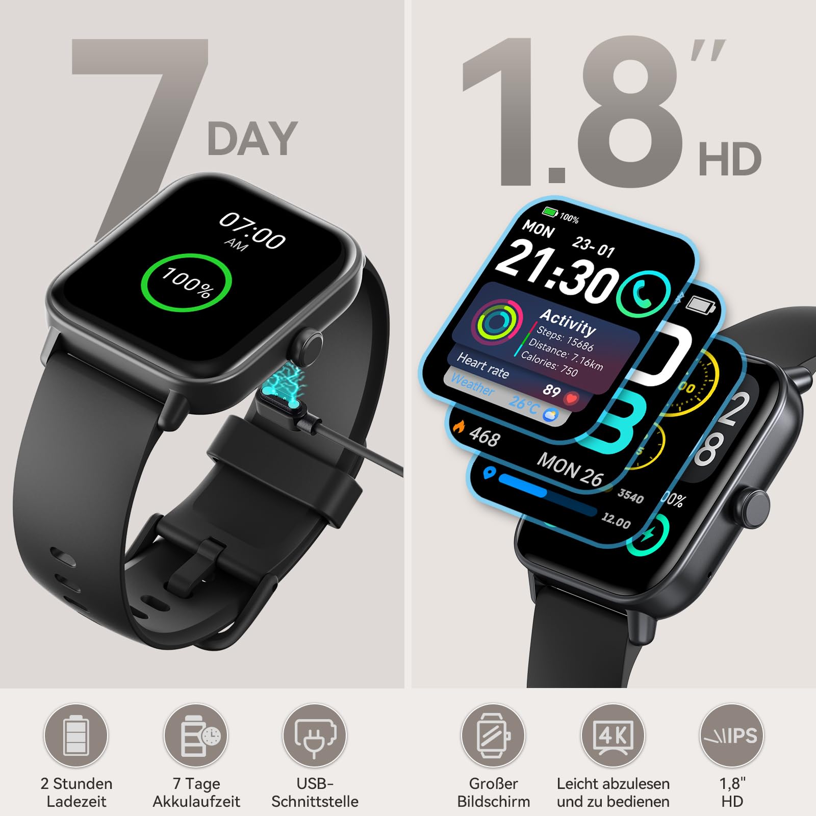 Smartwatch Herren mit Telefonfunktion,1.8" Uhr Damen mit Herzfrequenz SpO2 Stress Schlafmonitor,Alexa Integriert Watch,110 Sportmodi Fitness Tracker, IP68 Wasserdichte Sport Armbanduhr für Android iOS