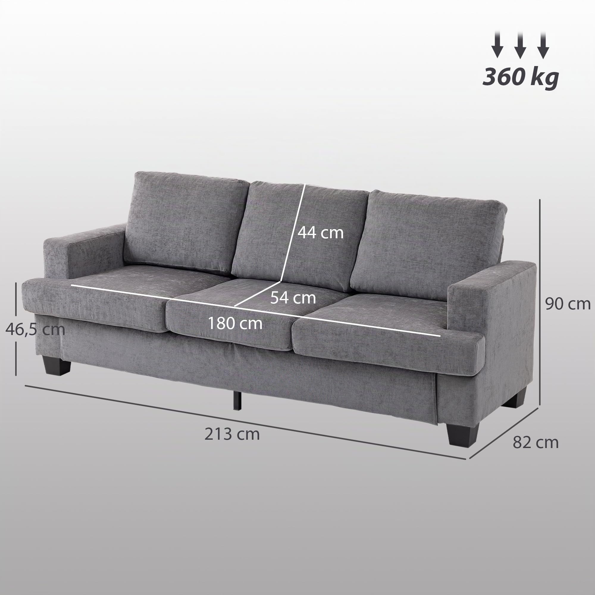 HOMCOM Sofá de 3 Plazas Acolchado Grueso Sofá de Salón 213x82x90 cm Gris | Tapizado en Chenilla, con Estructura de Acero, Diseño Moderno, para Dormitorio Sala de Estar