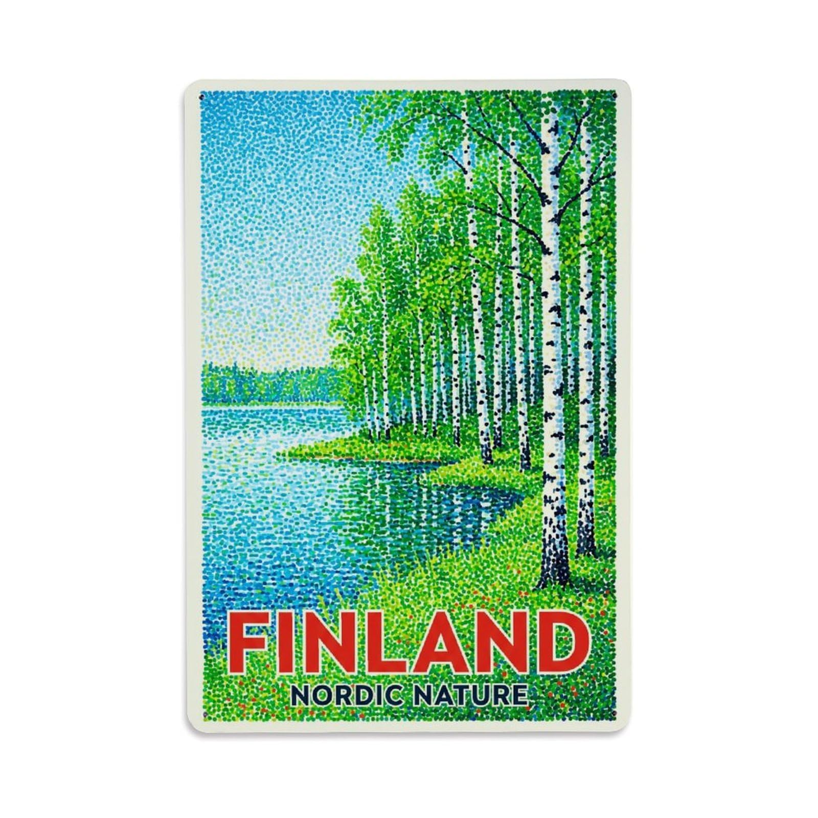 Olhnbad Style Finland Pointillist Birch Forest Travel Green Metal Tin Sign