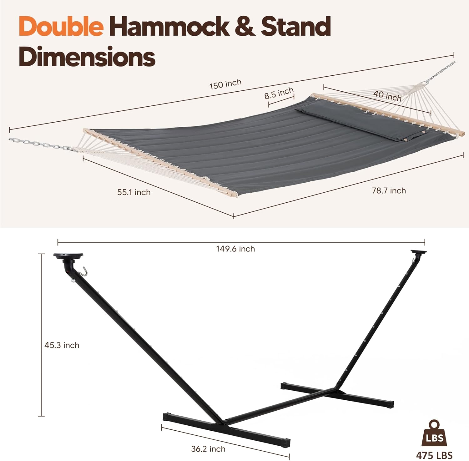 SUNCREAT Double Hammock with 12 ft Stand, Solar Powered Lights Included, Outdoor Hammock for Outside, Dark Gray
