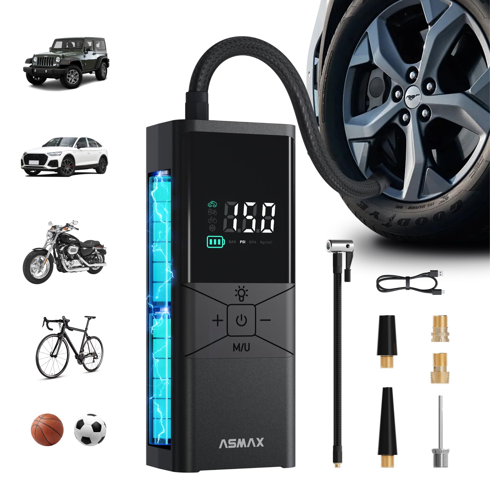 ASMAX T40 Elektrische Luftpumpe 6000mAh, Akku-Kompressor 150 PSI/10,3 Bar | 25L/min Schnellaufpumpen, LED-Licht, Digitaler Reifendruckmesser, Tragbare Fahrradpumpe für Auto, Motorrad, Fahrrad und Bälle
