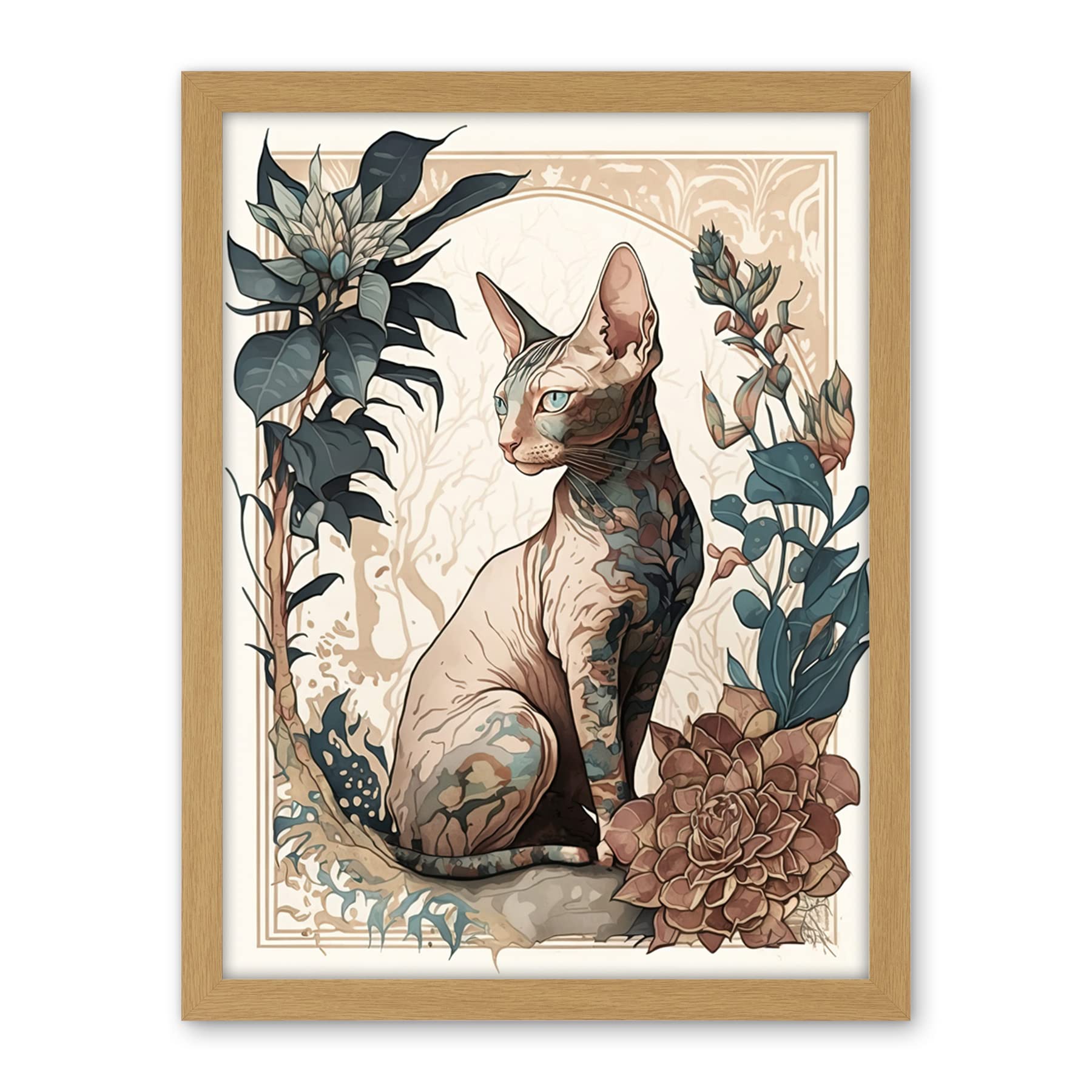 Artery8 Sphynx Cat with Flower Blooms Modern Art Nouveau Portrait Illustration Artwork Framed Wall Art Print 18X24 Inch