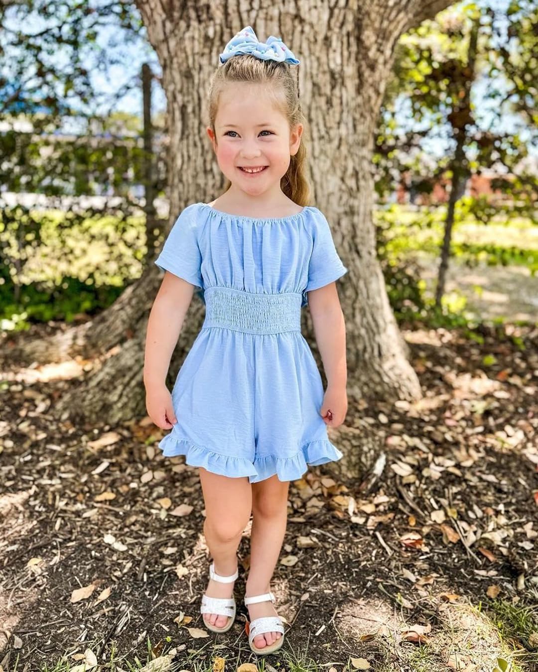 Arshiner Girls Summer Jumpsuits Tie Back Off Shoulder Short Sleeve One Piece Rompers Ruffle Smocked Casual Shorts Outfits - Image 3