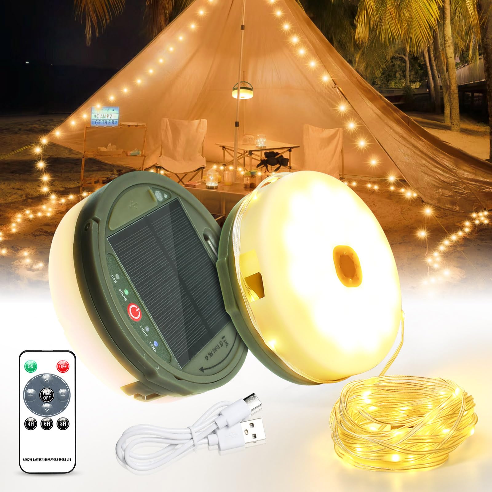 12 m Solar Christmas Lighting Outdoor Camping Fairy Lights Rollable Solar & USB Charging 150 LEDs Waterproof Christmas Light with Remote Control 8 Modes Christmas Decoration Lights Warm White