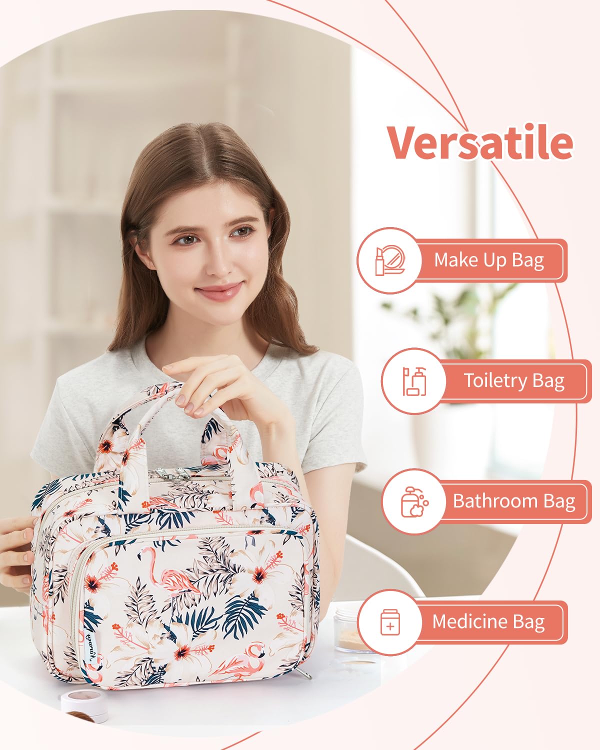 Duża kosmetyczka podróżna, organizer na kosmetyki, dla kobiet i mężczyzn, Beige Flamingo