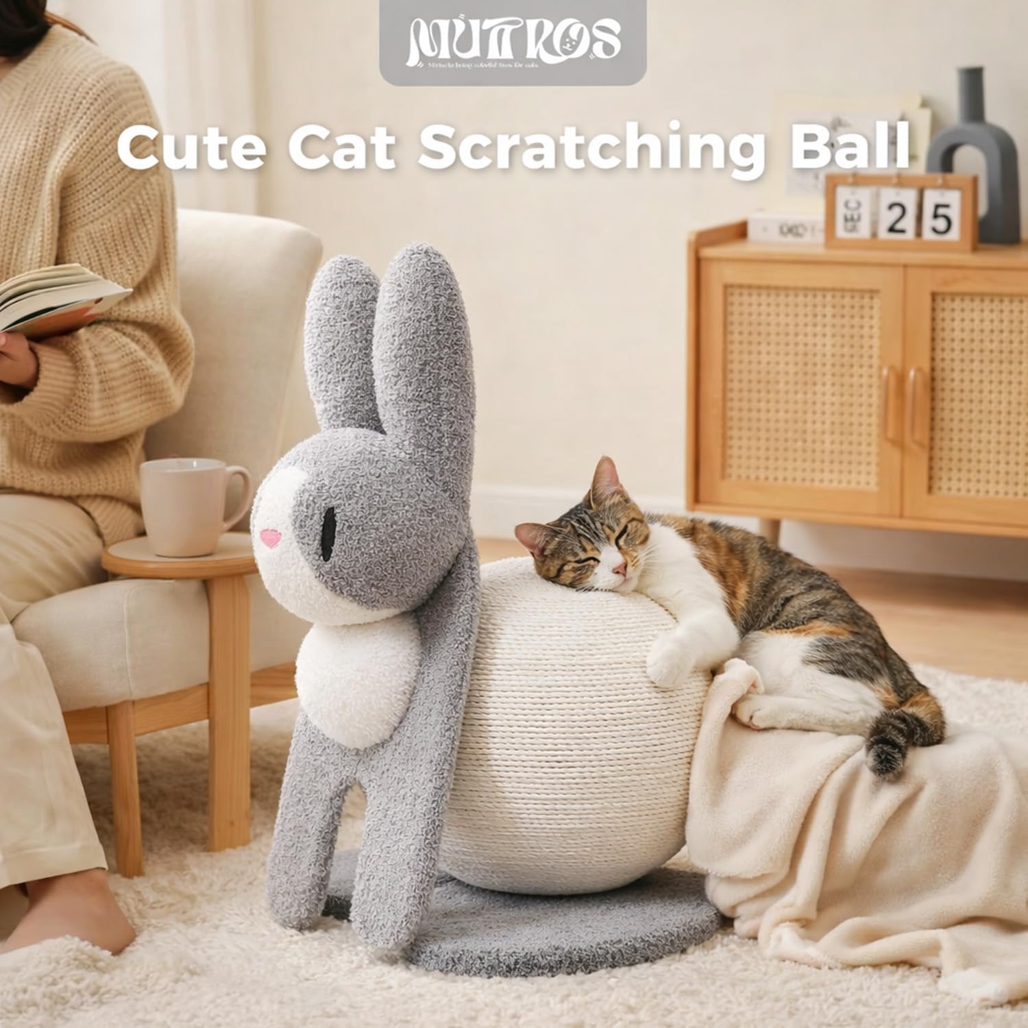 MUTTROS Cute Cat Scratcher- Bunny Style, Cat Scratching Post with Paper Rope, Extra Large Cat Scratch Ball (Ø11.8) for Indoor Kitten, Rabbit Scratch Ball for Kitty to Climb & Play, Gray