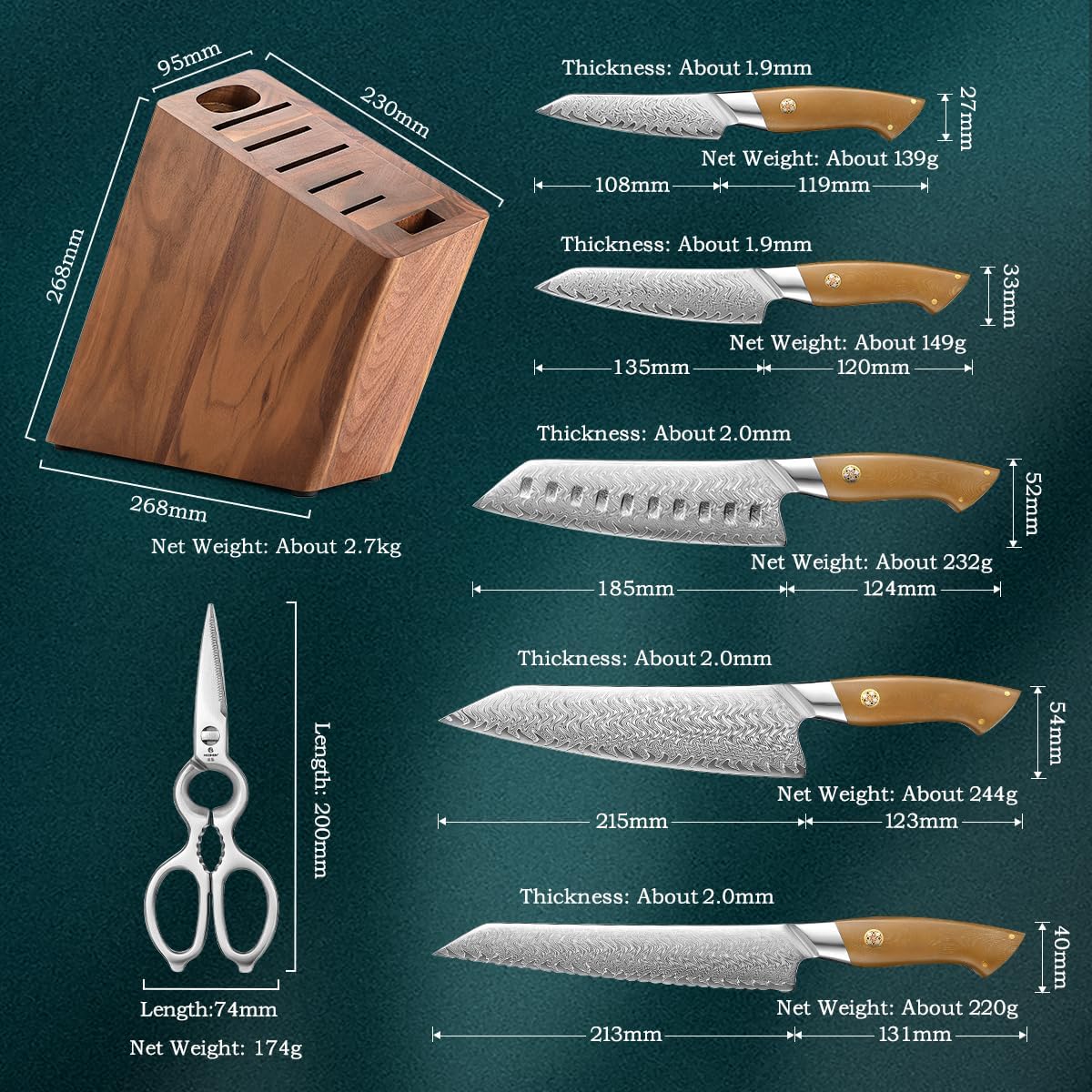 HEZHEN 8-Piece Knife Block Set, 67 Layers Damascus Steel Knife Set with Block, Kitchen Scissor-Sharpner Rod, Professional Knife Sets for Chefs, Linen Micarta Handle, Gift Packing