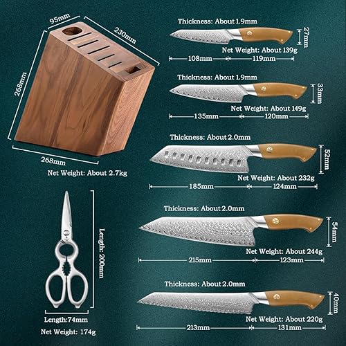 Miniatura 3 de HEZHEN Juego de cuchillos de 8 piezas, juego de cuchillos de acero de Damasco de 67 capas con bloque, barra afiladora de tijeras de cocina, juegos