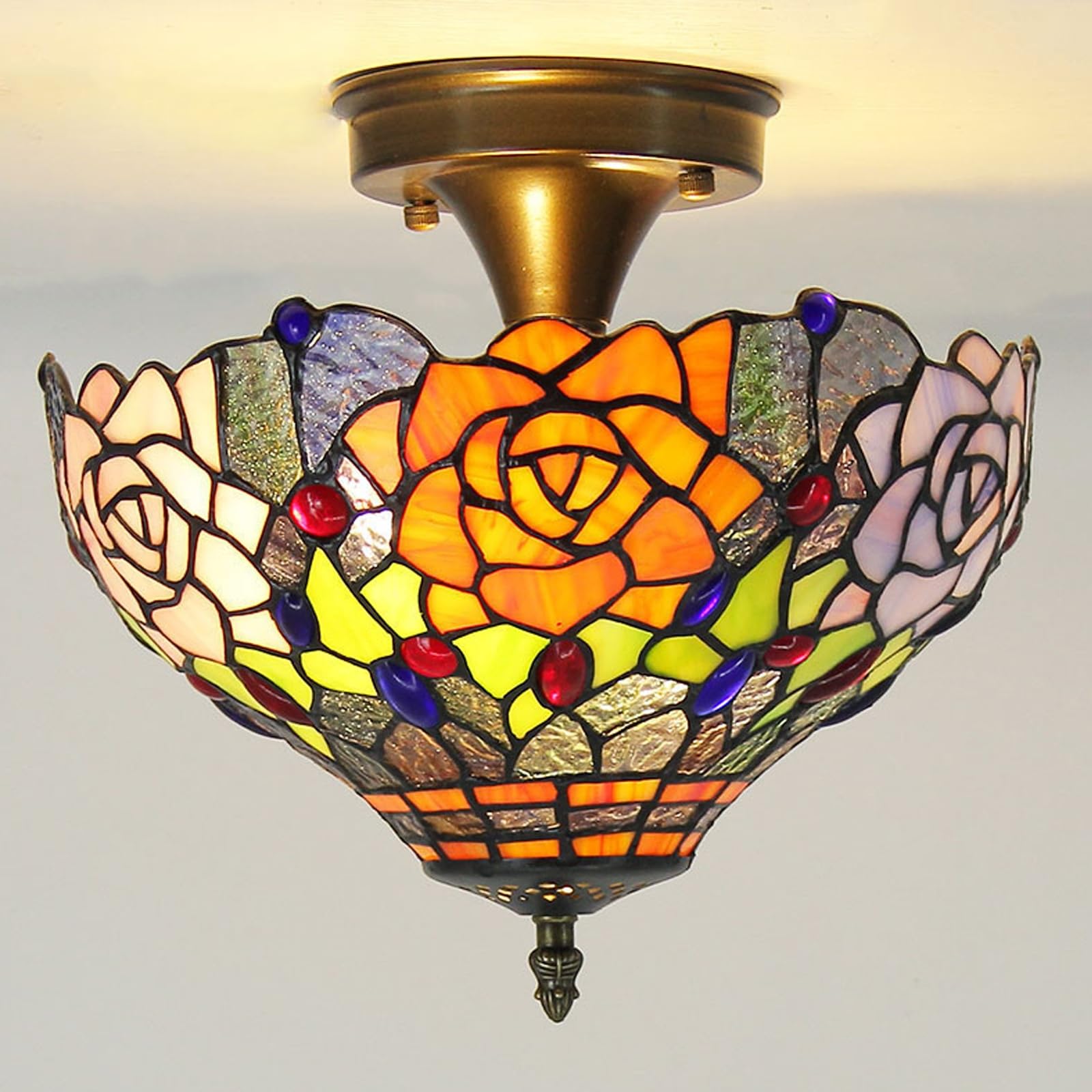 WDBZTJ Tiffany Style Ceiling Light Flush Mount, 12 inch Stained Glass Ceiling Lamp, E27 Bulb, Vintage LED Chandeliers for Living Room Bedroom(F2)