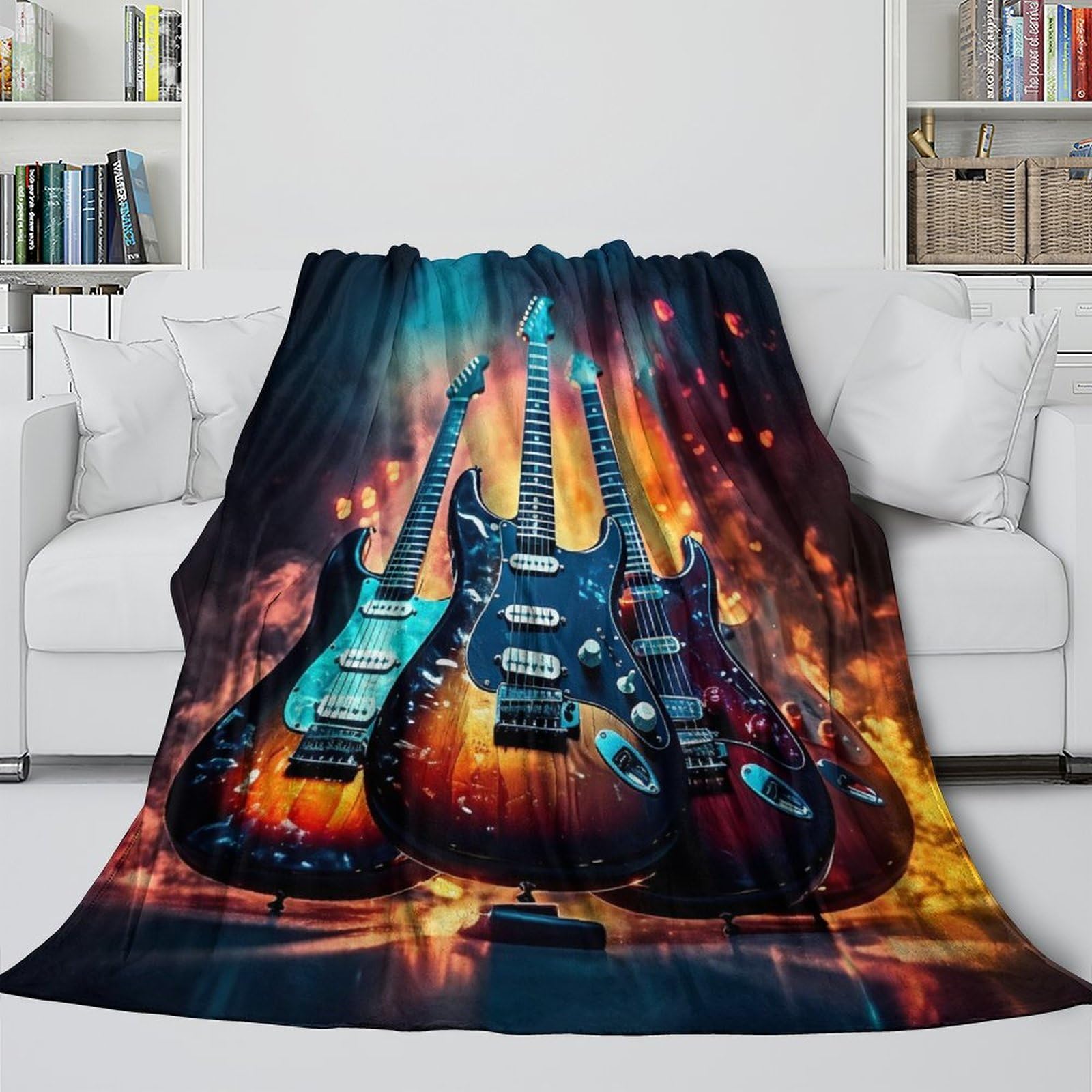 stampa 3D Electric guitars coperta da divano microfibra biancheria da letto lavabile coperta da salotto anti-pilling per giovani in relax serale Rock music 80×90inch(200x230cm)