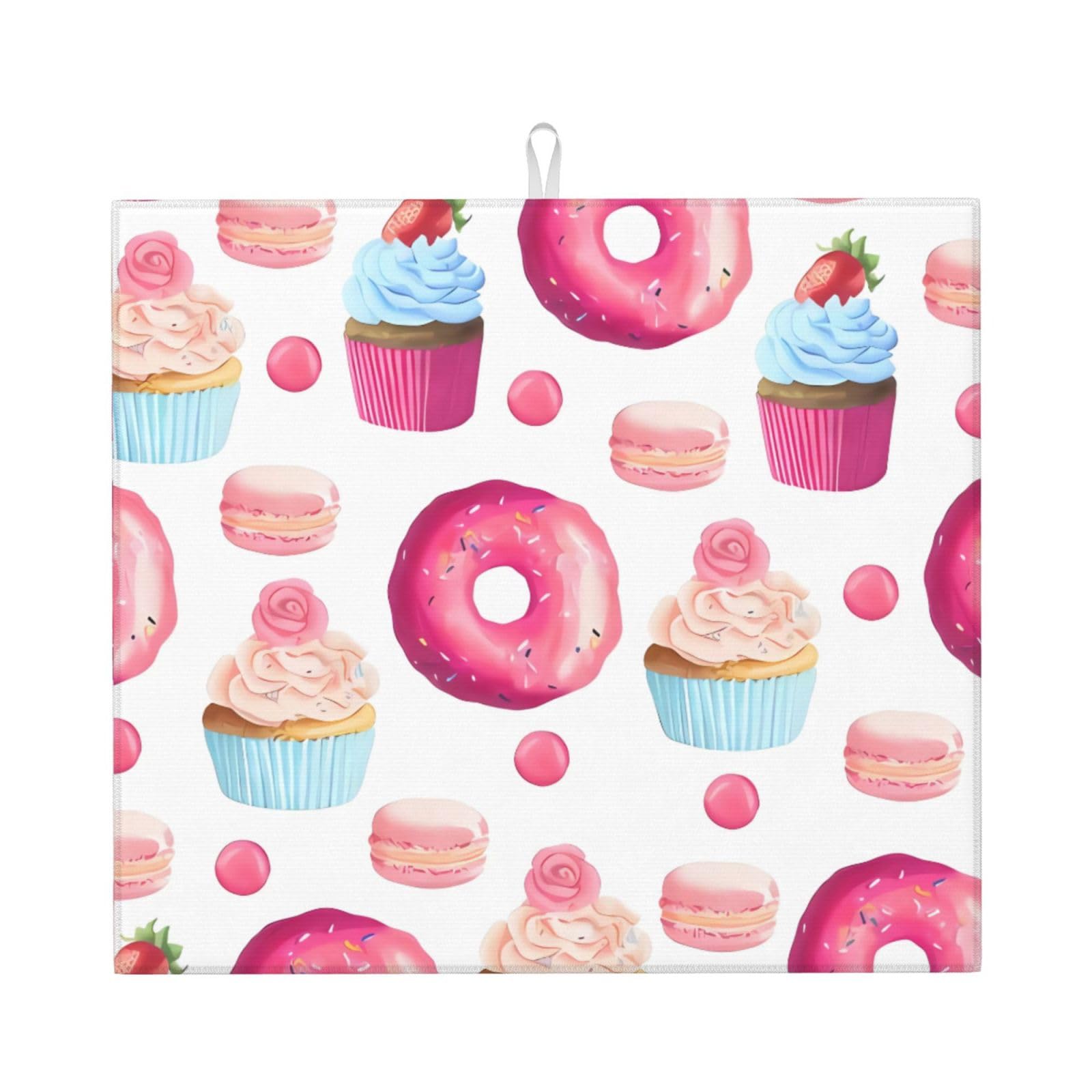 WHJSHOP Pink Donut and Cupcake Prints Kitchen Drying Mat - Absorbent Dish Drying Throw with Vibrant Prints, Quick-Dry Countertop Layer for Dishes & Glassware - Non-Slip