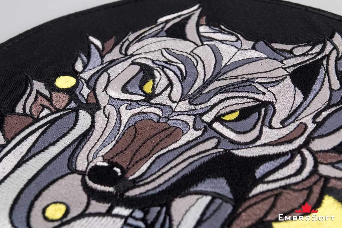 Wolf with Skull Embroidered Patch Iron On (9.1" x 9.1")