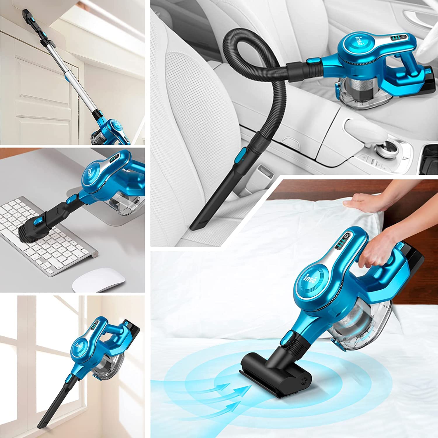 Images showing the vacuum used with different attachments for various cleaning tasks like car interior, high ceilings, and keyboards