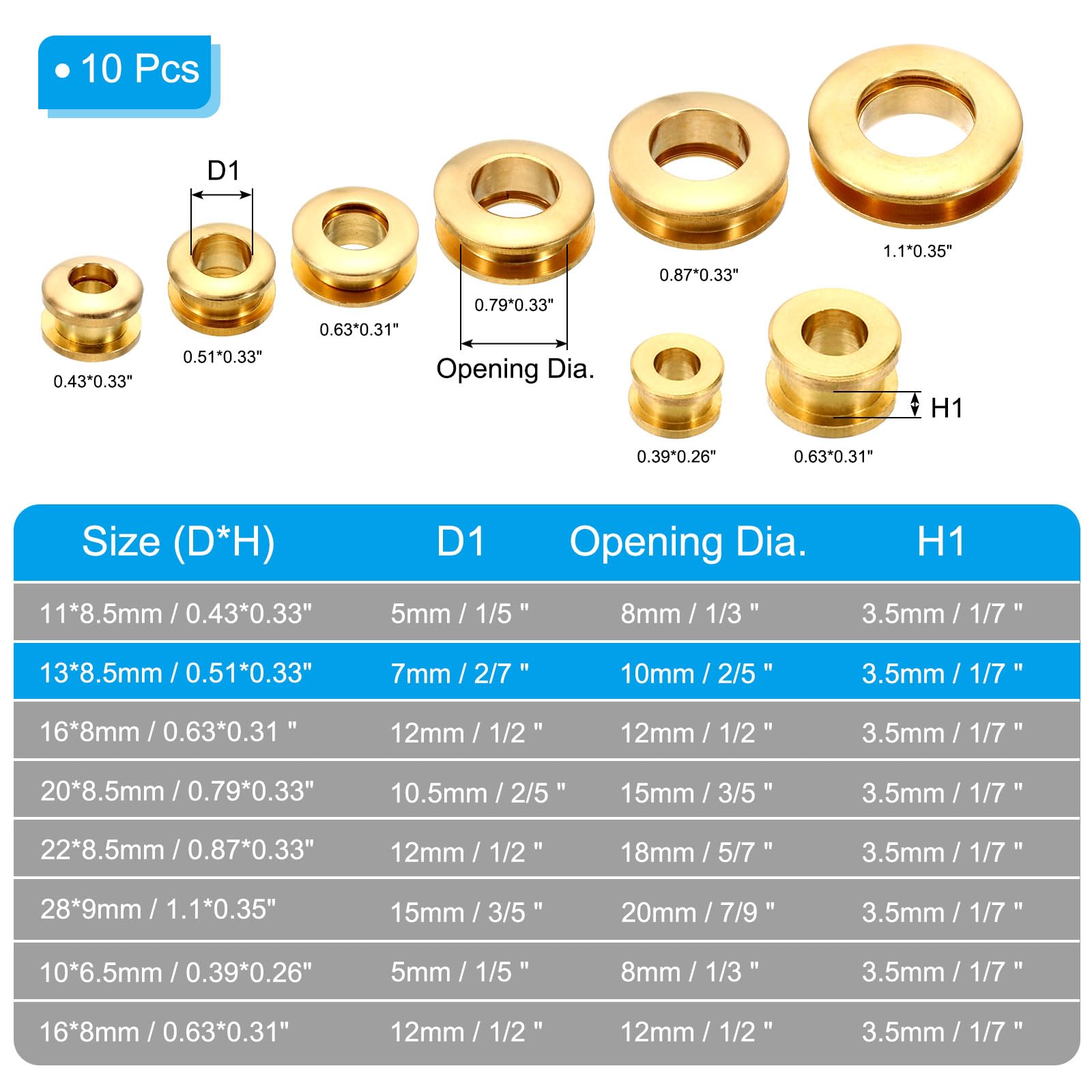 PATIKIL 7mm(2/7 Inch) Solid Brass Hole Eyelets, 10 Pcs Arc Surface Self Backing Grommets with Washer for Leather Craft Brass Tone - Image 2