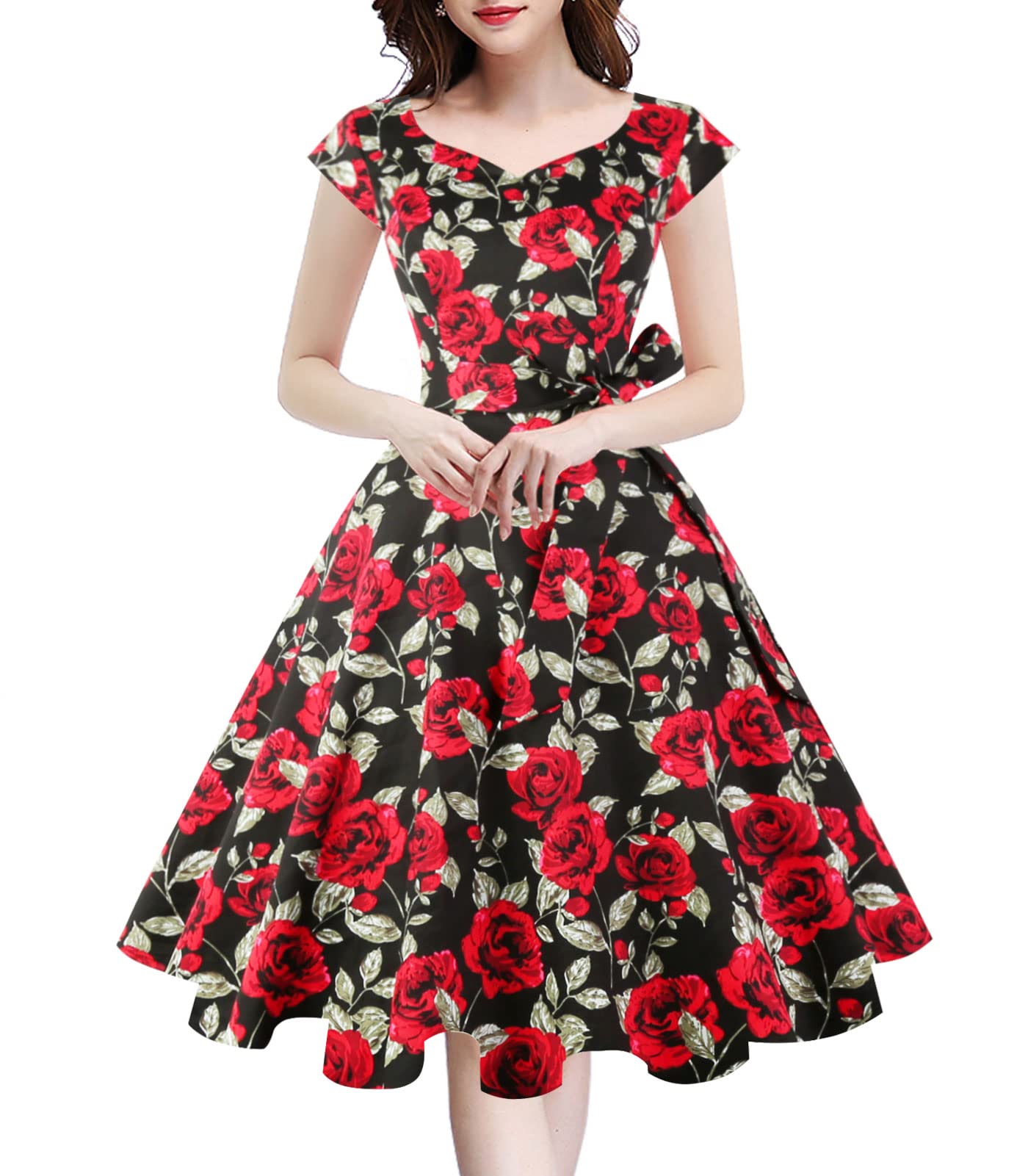 Kingfancy Women Vintage 1950s Dress Retro Cocktail Party Swing Dresses with Cap Sleeves