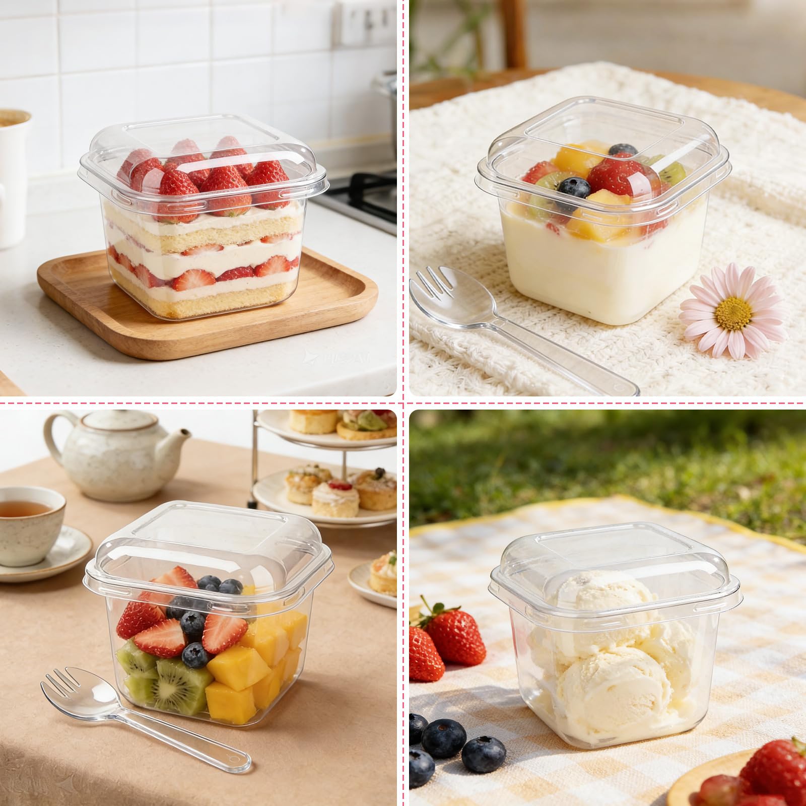 ZEFAN 50 sztuk plastikowych szklanek deserowych z 50 sztukami łyżek, 300 ml szklanki deserowe z pokrywką, kwadratowe plastikowe kubki z pokrywką, wielokrotnego użytku plastikowe kubki deserowe do