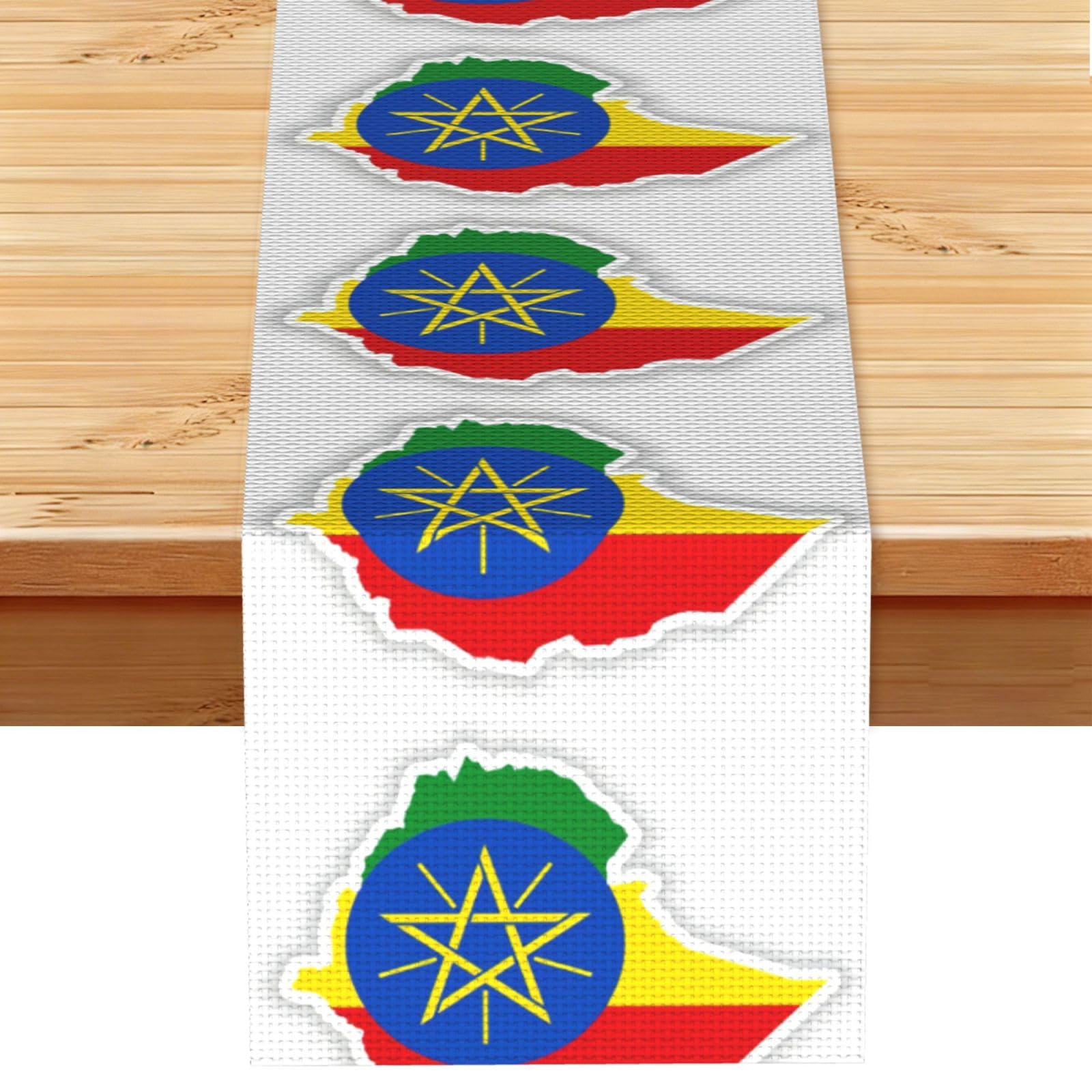 Ethiopia Flag Map Printed Table Runner 13 x 72, Wrinkle Resistant Decor for Dining Table Coffee Table Fireplace