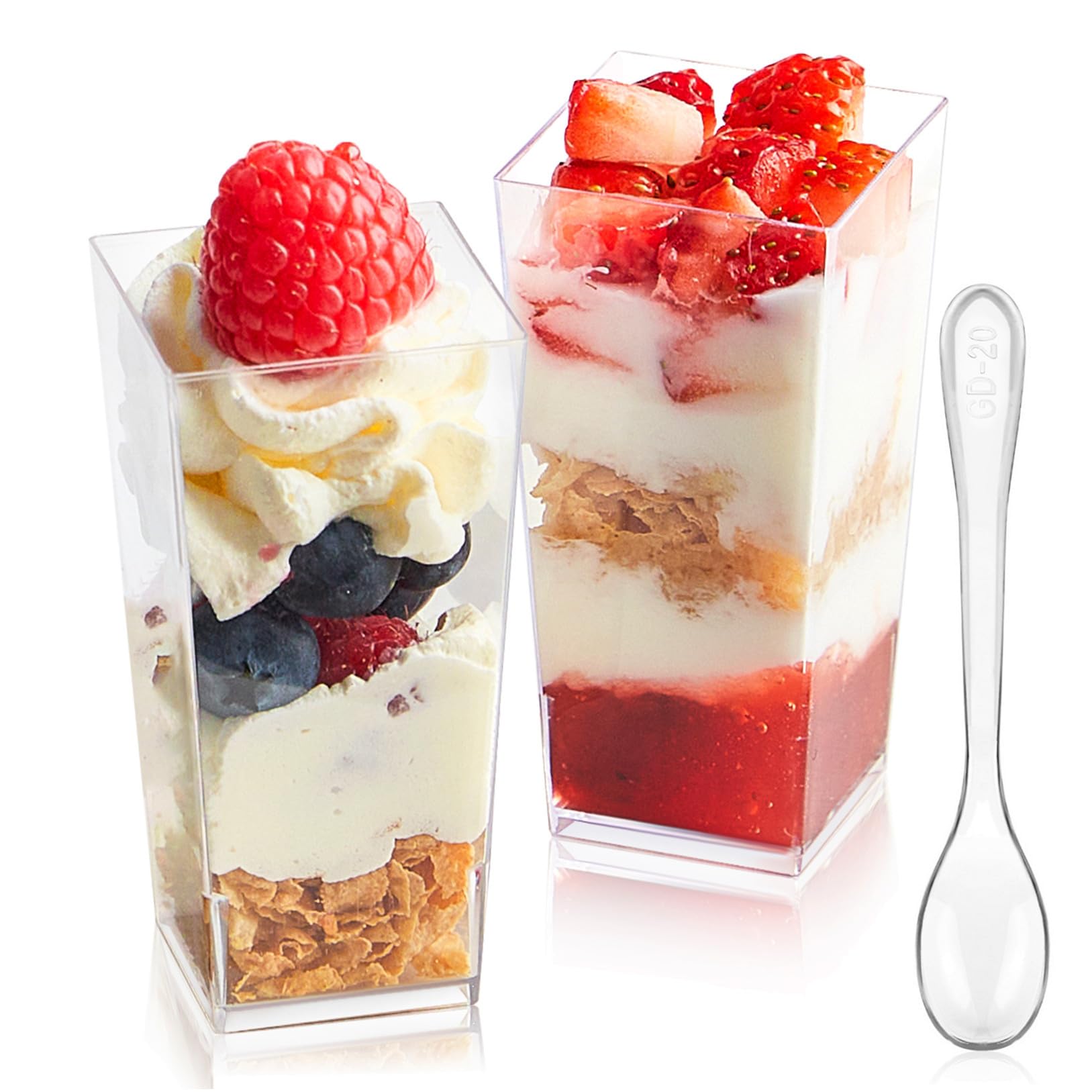 LSR LORESO 48 Pcs Mini Square Dessert Cups 3.5 Oz With Spoons | Clear Plastic Reusable Appetizer Cups - View #5