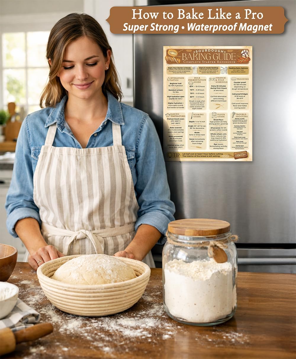 Sourdough Baking Guide Magnet 8.5x11 Bread Starter Reference Chart Fermentation Hydration Ratios Proofing Scoring Tips Baking Temperatures Fridge Reference for Home Bakers Kitchen Cooking Guide