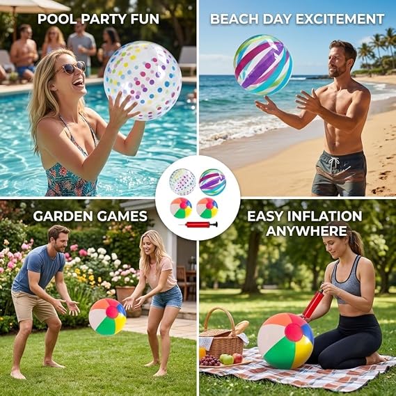 4 PCS Inflatable Ball, Two 40 Cm Colourful Balls and Two 30 Cm Multicolour Balls, Beach Balls Inflatable, Beach Ball, Beach Ball Set with Hand Pump, For Pool Games and Outdoor Activities
