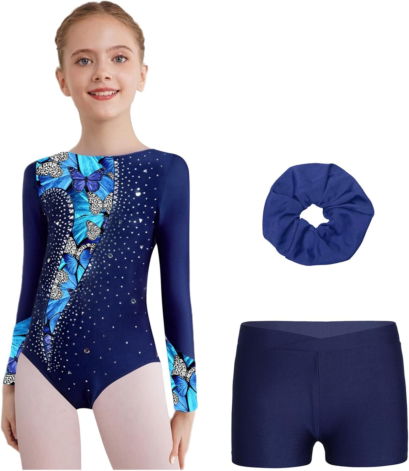 Kids Ballet Unitard Set Shiny Rhinestone Long Sleeve Gymnastics Leotard with Shorts