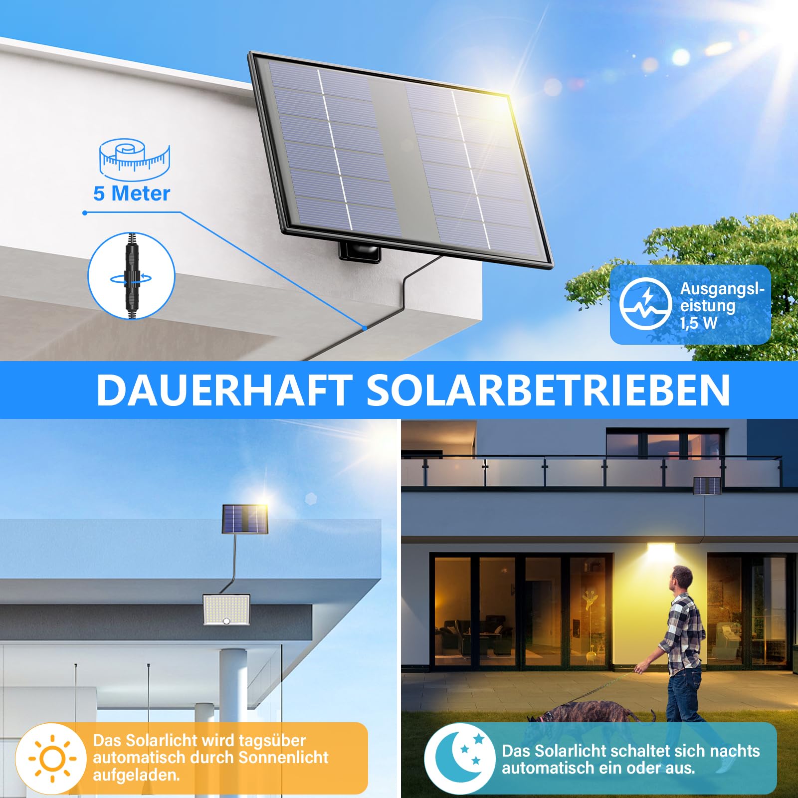 Lampada solare per esterni, lampada solare con sensore di movimento, 3000 K, IP65, impermeabile, con cavo da 5 m, per garage, giardino, cortile, gradini, porte di casa, prato, 2 pezzi