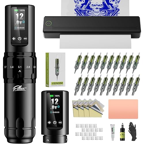 Filter Tattoo Stencil Printer Kit - Printer Machine with 7 Strokes 2.0-4.0mm Tattoo Gun Machine, Extra 1600mAh Power Supply, 20Pcs Tattoo Cartridge Needles for Beginners and Artists