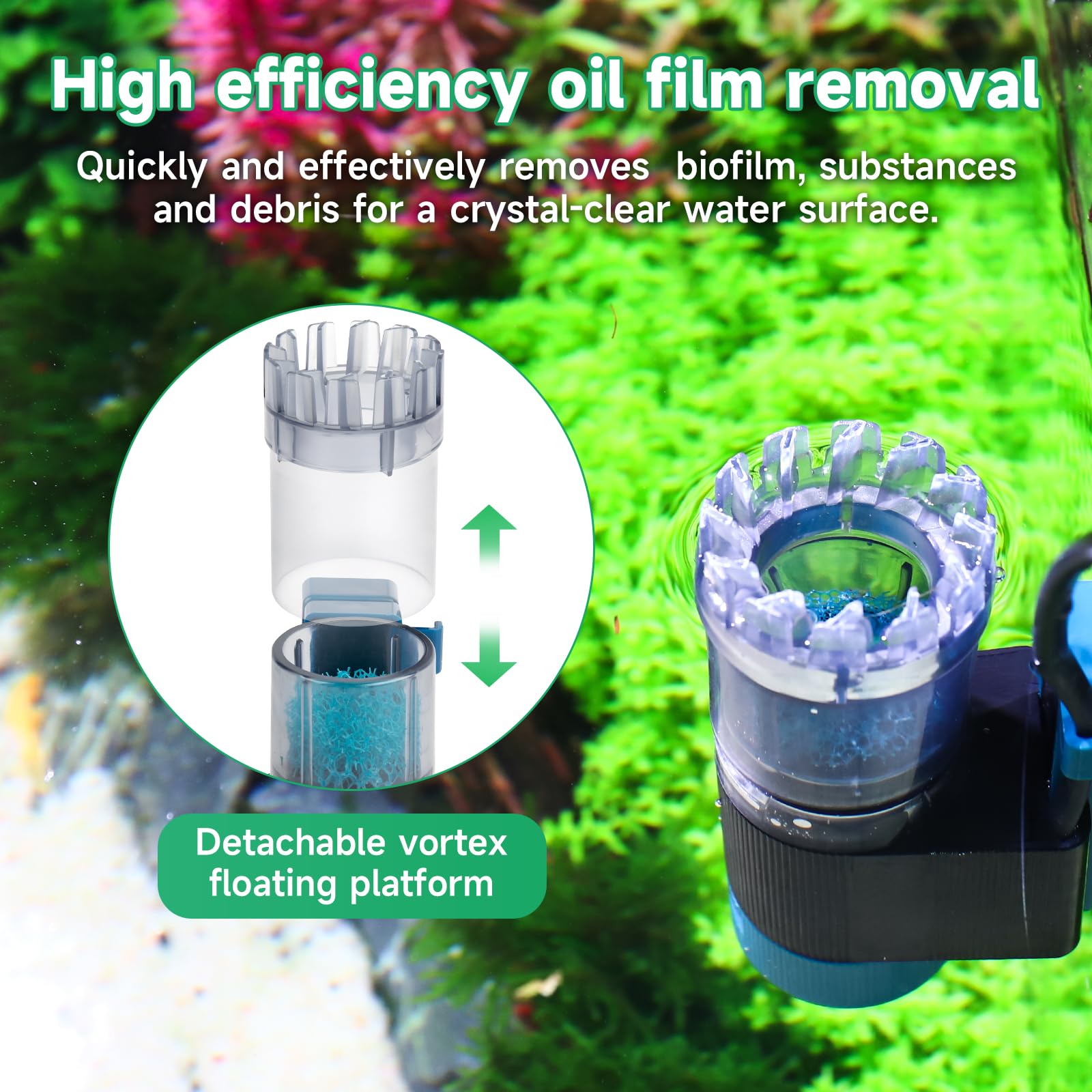 Skimmer de Surface pour Aquarium, magnétique Skimmer Aquarium avec éponge Bio, pour l'eau Douce et l'eau salée Aquarium, 5W Surface Skimmer 96GPH débit réglable