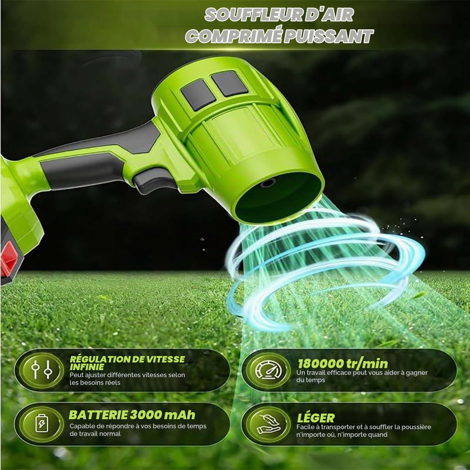 Souffleur Batterie, Seese Pro Le Souffleur sans Fil Ultra Puissant, ExtéRieur Feuilles Portable Turbocompressé Au Lithium, pour Nettoyage de ExtéRieur/Cour/Terrasse/Voiture (2 Batterie)
