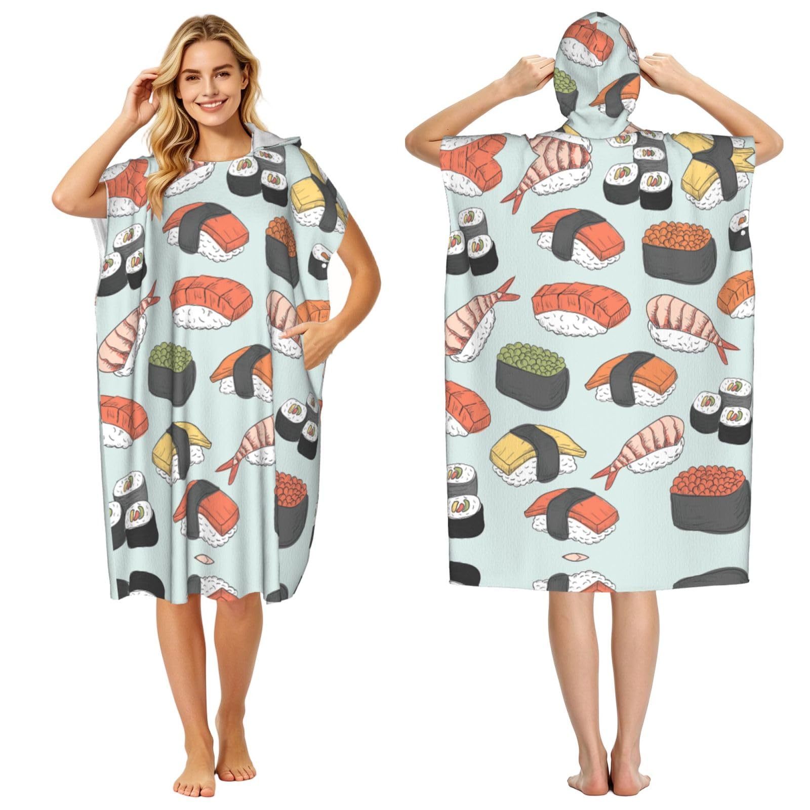 EZDLOWVBA Sushi Print Hooded Poncho Microfiber Beach Towel,Adult Women & Men Changing Robe,Lightweight Summer Surf Swim Bath Poncho Towel
