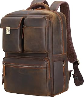 Vintage Full Grain Leather 15.6 Inch Laptop Backpack for Men Large Travel Rucksack Camping Weekender Shoulder DayPack