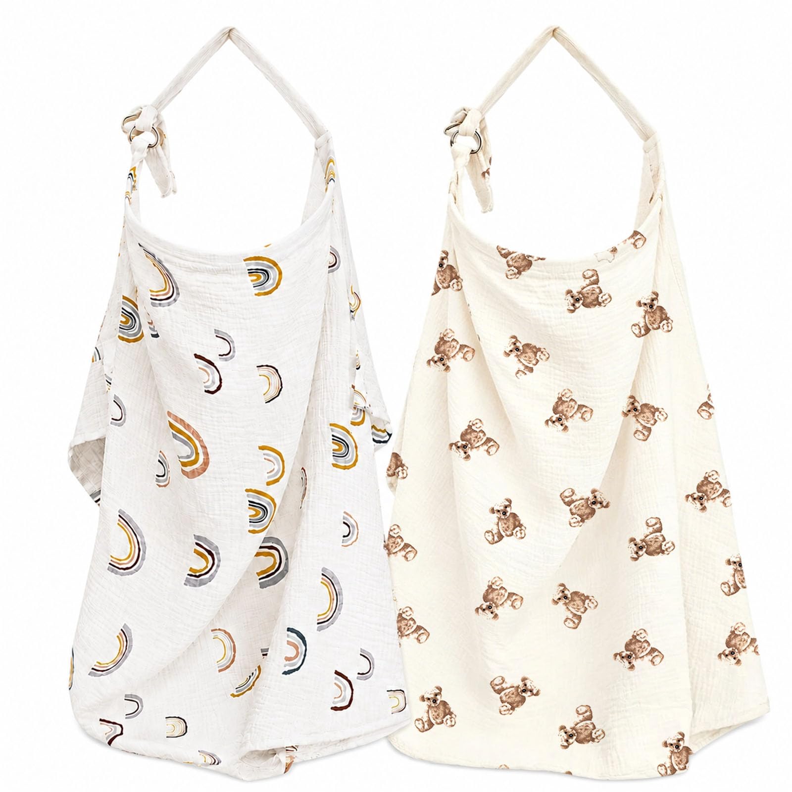 2 Pack Breastfeeding Cover for Mum, Cotton Nursing Cover Breast Feeding Cover with Stylish Poncho Design, Breathable Baby Feeding Cover Up for Breastfeeding Essentials, Baby Shower Gift，Bear & Rainbow