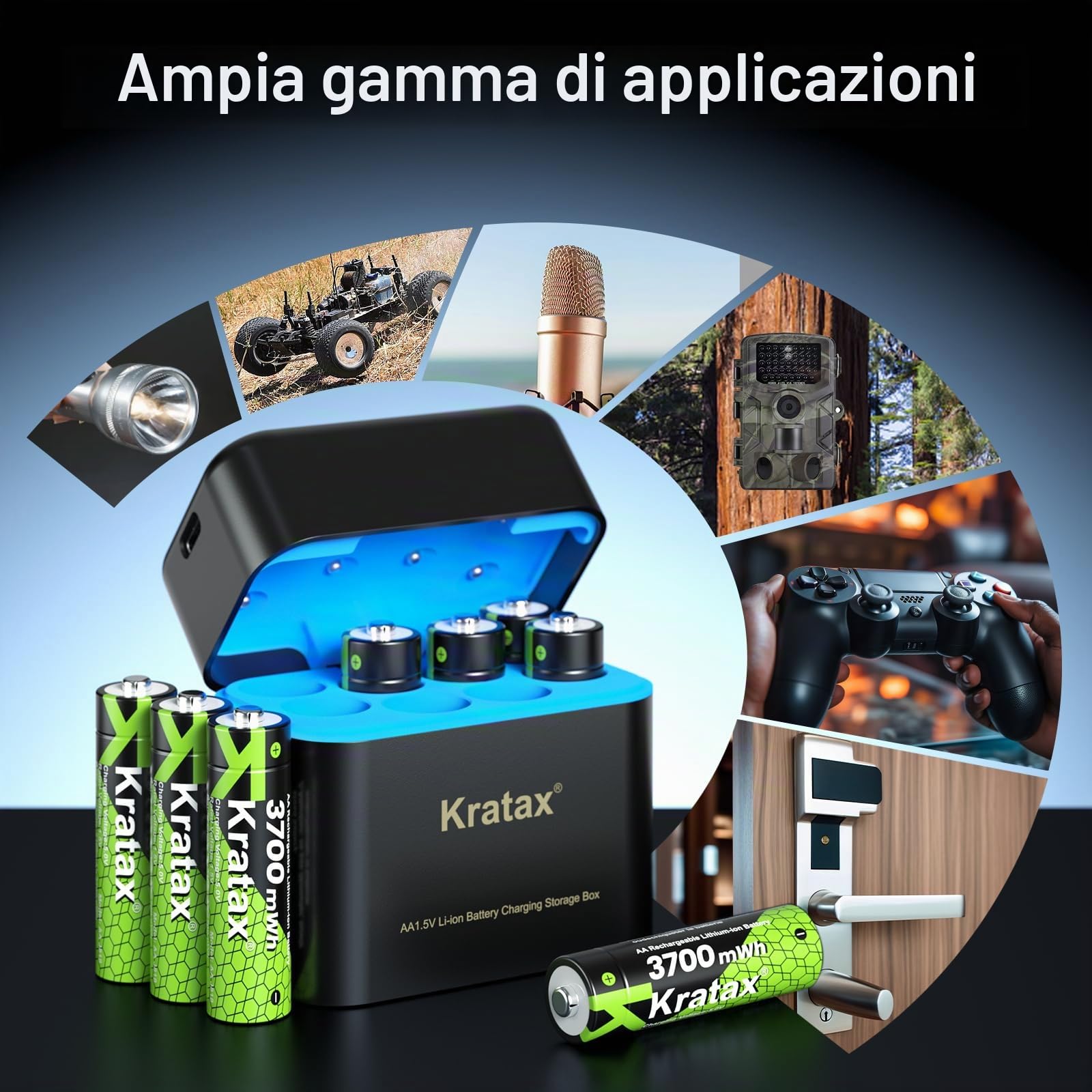 Kratax Batteria ricaricabile AA al litio, confezione da 12 con caricatore, batterie AA ad alta capacità, 1,5 V, 3700 mWh, 2000 cicli di ricarica, batterie AA agli ioni di litio ricaricabili con