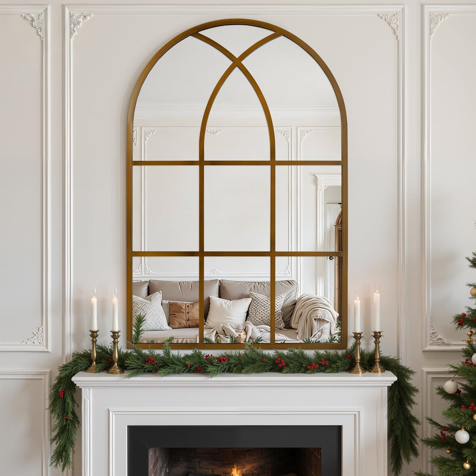 Arched Window pane Wall Mirror 30"x40", Window Shaped Farmhouse Style with Aluminum Frame, Decorative Wall Mirror Leaning Hanging for Living Room, Courtyard, Bedroom, Entryway, Bronze