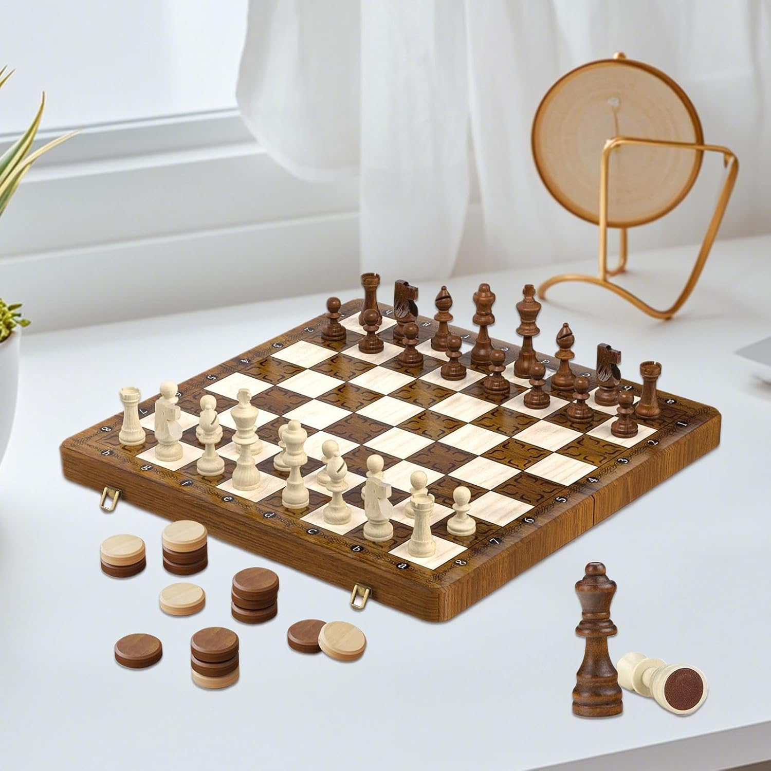 Easy Game Set with Folding Design - Magnetic Wooden Chess and Checkers Game Set | Travel Activities for Waiting Room Car Trip Family Night Park Outdoor Classroom Party Home