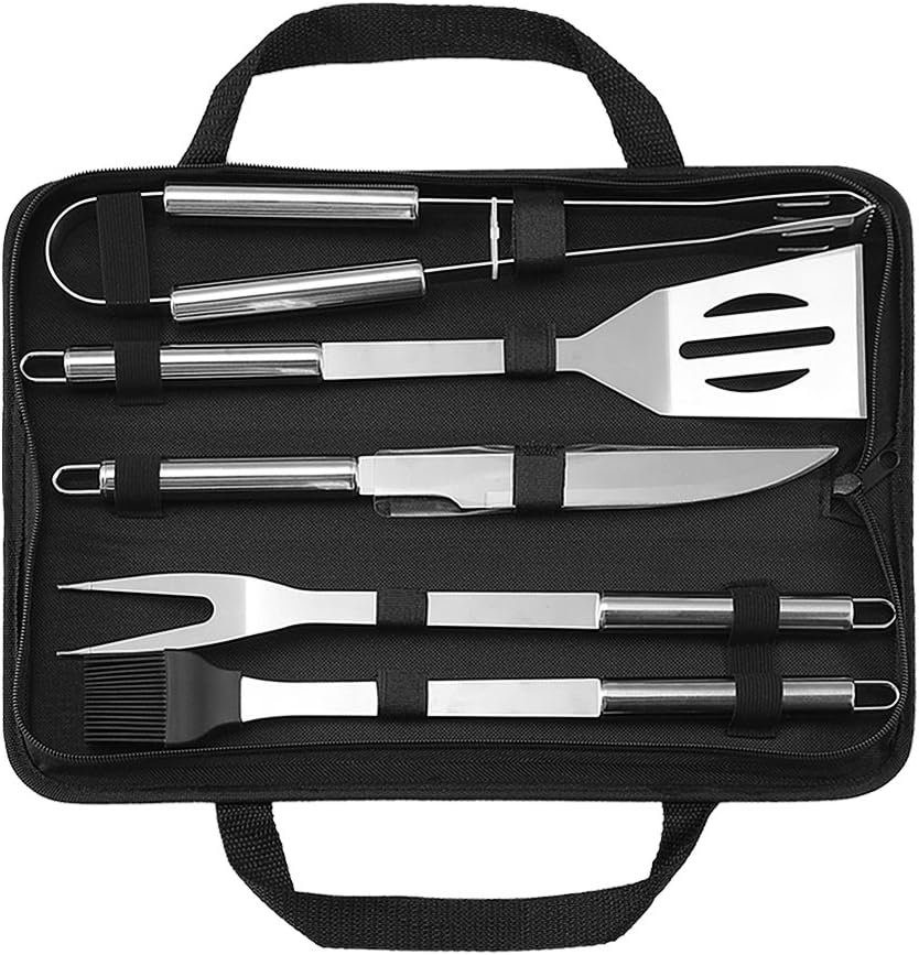 BBQ Grill Tool Set Barbecue Grill Stainless Steel Utensils Grill Accessories Kit in Carry Case (5-Piece) with Tongs Spatula Meat Fork and Basting Brush for Outdoor Indoor