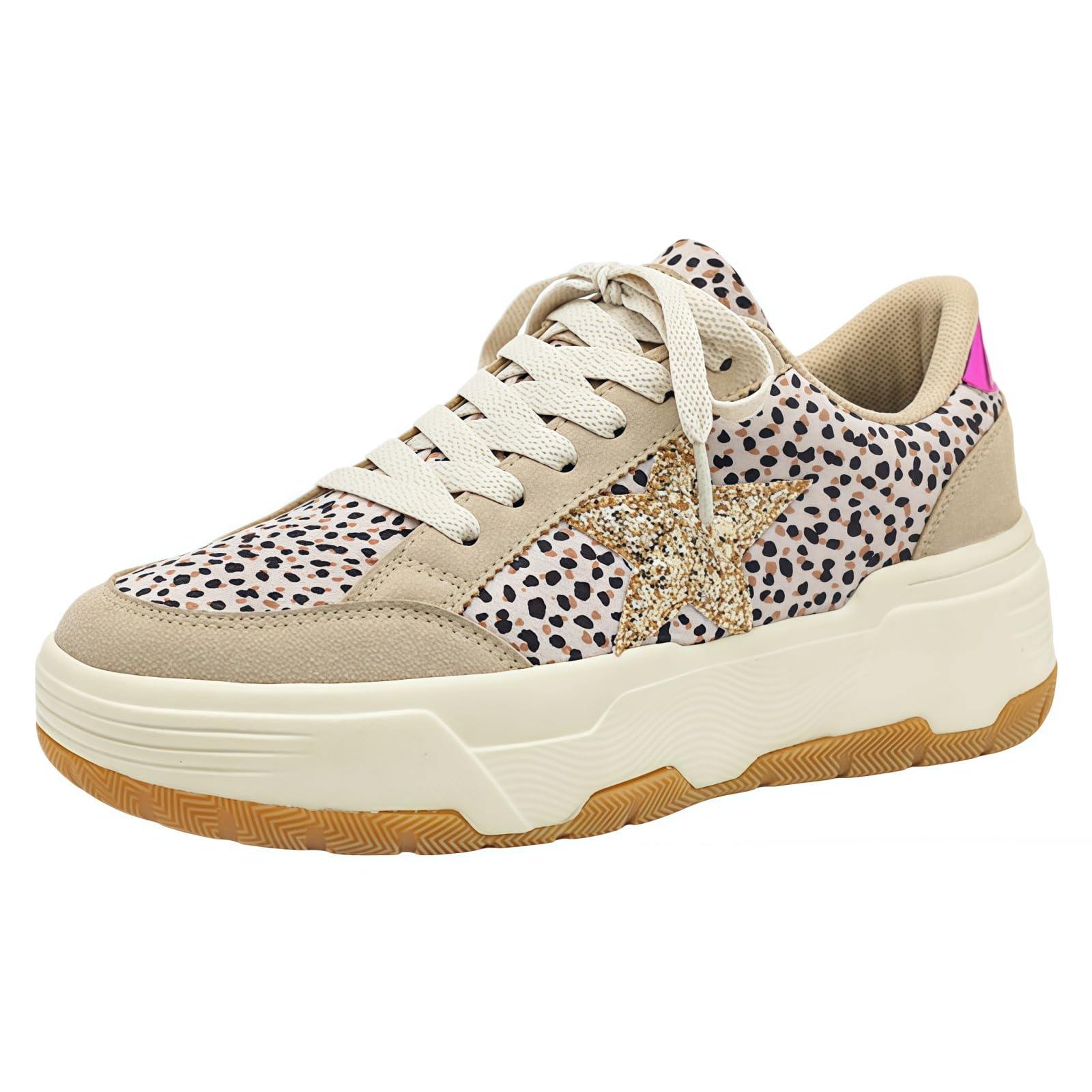 Modne damskie trampki z gwiazdami brokatowe cekiny sznurowane niskie buty tenisowe do biegania buty do chodzenia lekkie antypoślizgowe skórzane buty retro, Leopard Print Beżowy, 36 EU