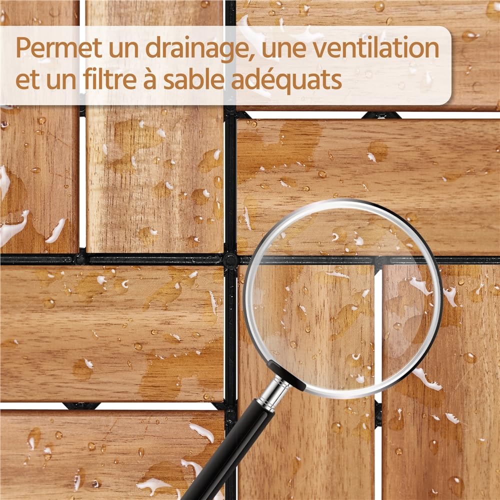 Yaheetech Carreaux de jardin en bois d'acacia 30 x 30 cm Revêtement de sol imperméable résistant aux intempéries pour extérieur, balcon, jardin, terrasse, 10 pièces