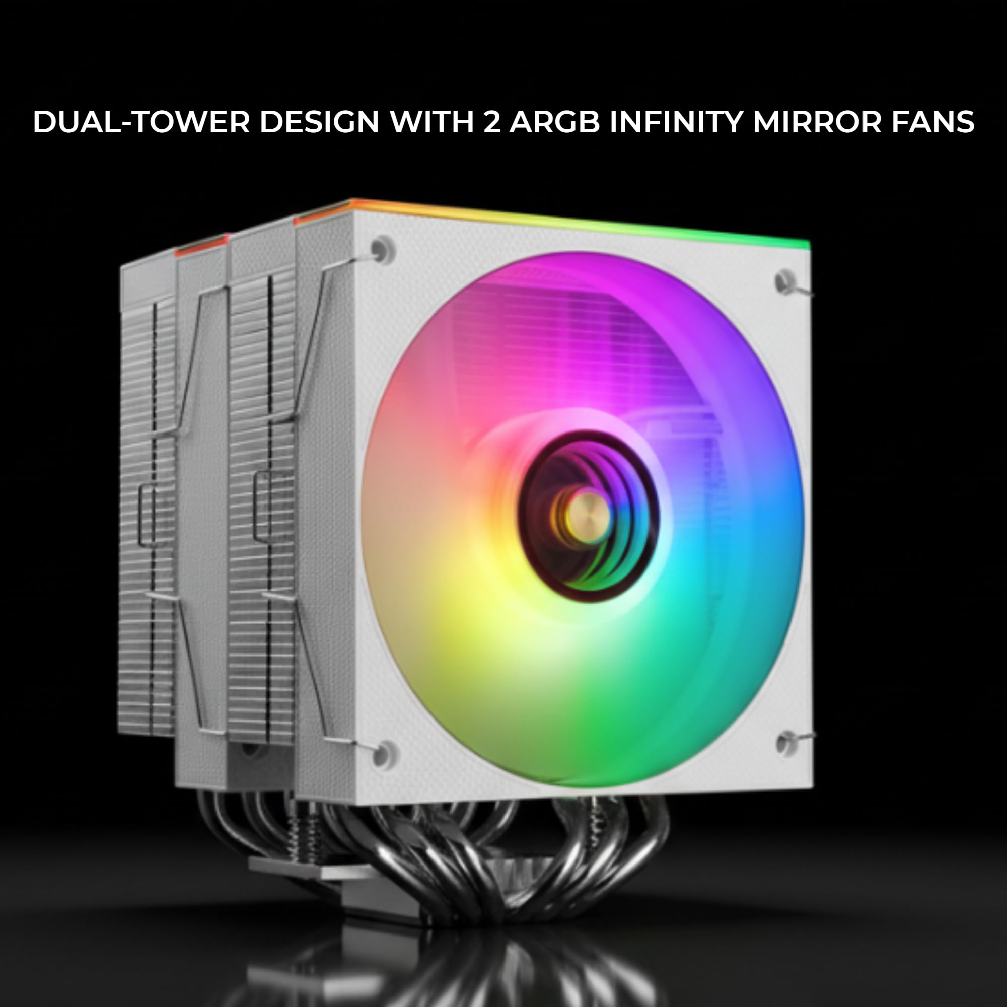 Mars Gaming MCPU-X26, Chłodzenie CPU Dual Tower 350W TDP, 2x Wentylatory 120mm ARGB Infinity Mirror, 6 Heatpipes HCT, Miedziane Jądro, Łożyska FDB, Tryb Cichy, Intel LGA i AMD, Biały