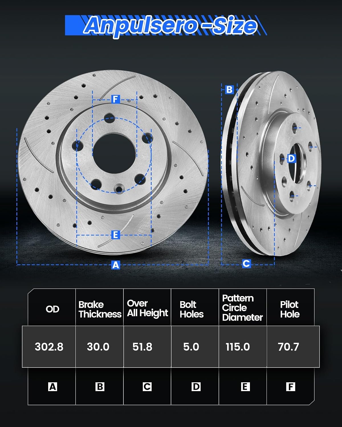 Anpulsero Brake Pads And Rotors Kit Front Compatible with 2006-2013 Chevrolet Impala, 2014-2016 Limited, Automotive Replacement Brake Kits 55126 D1159-8269 Drilled And Slotted Rotors 302.8mm(11.9in)