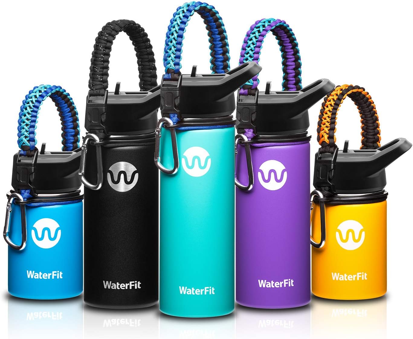 WaterFit Vacuum Insulated Water Bottle - Double Wall Stainless Steel Leak Proof BPA Free Sports Wide Mouth Water Bottle - Travel Straw Lid - 12oz 16oz 20oz -5 Colors with Paracord Handle