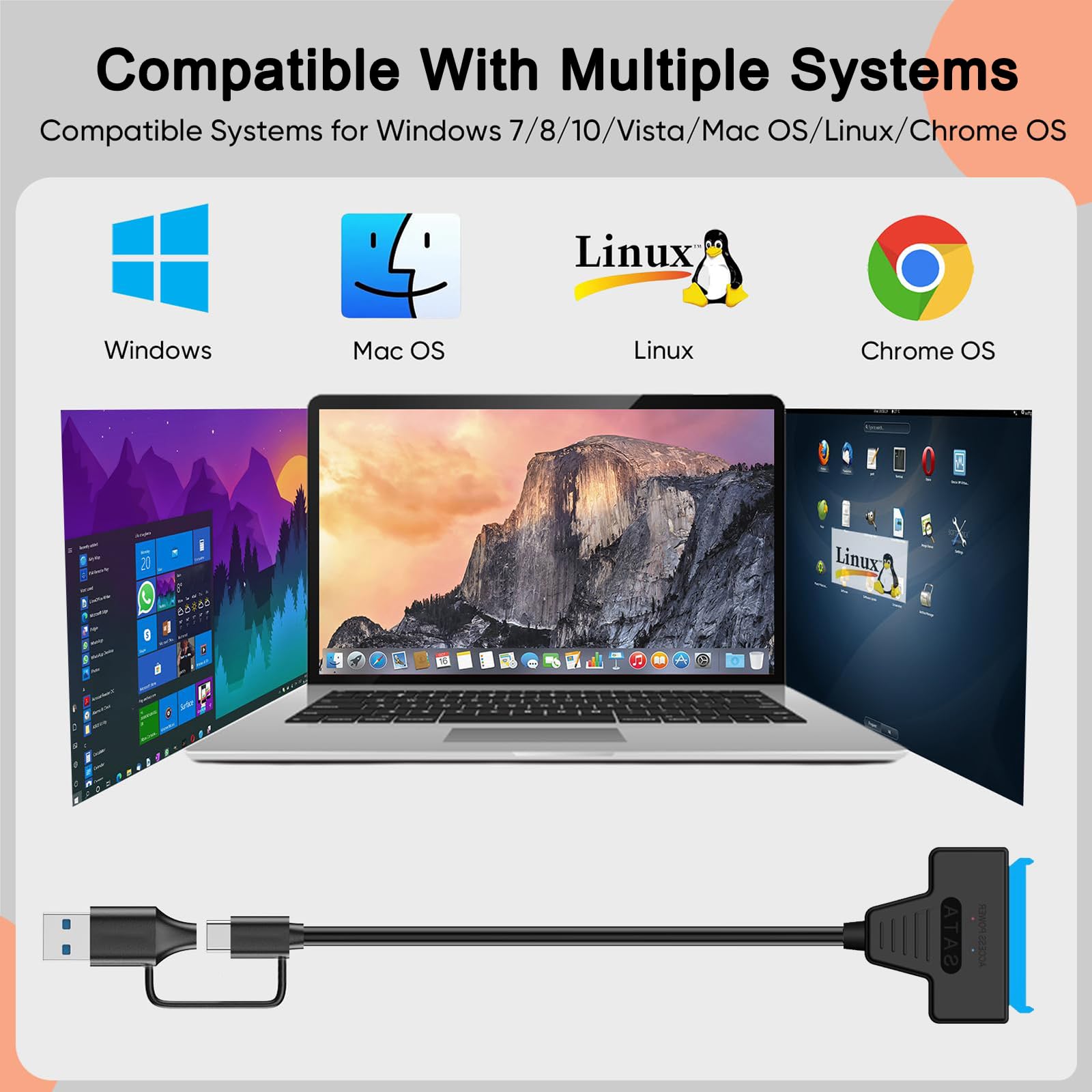 Unnderwiss kabel Sata usb adapter do dysków twardych Sata na usb Kompatybilny z zewnętrznymi i wewnętrznymi dyskami twardymi SSD/HDD 6,35 / 8,89 cm Adapter Kompatybilny z systemami operacyjnymi