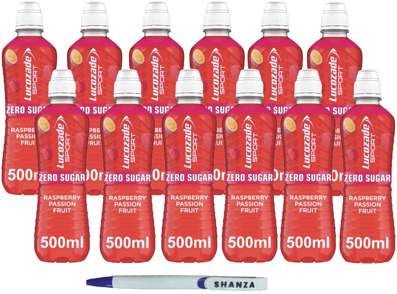 SHANZA DEPARTMENTAL'SLucozade Sport Zero Suger Orange & Peach, Raspberry & Passionfruit 500ml (12 Pack) | With Shanza Pen | Sold By SHANZA DEPARTMENTEL'S (Raspberry & Passion Fruit) 1.0 count