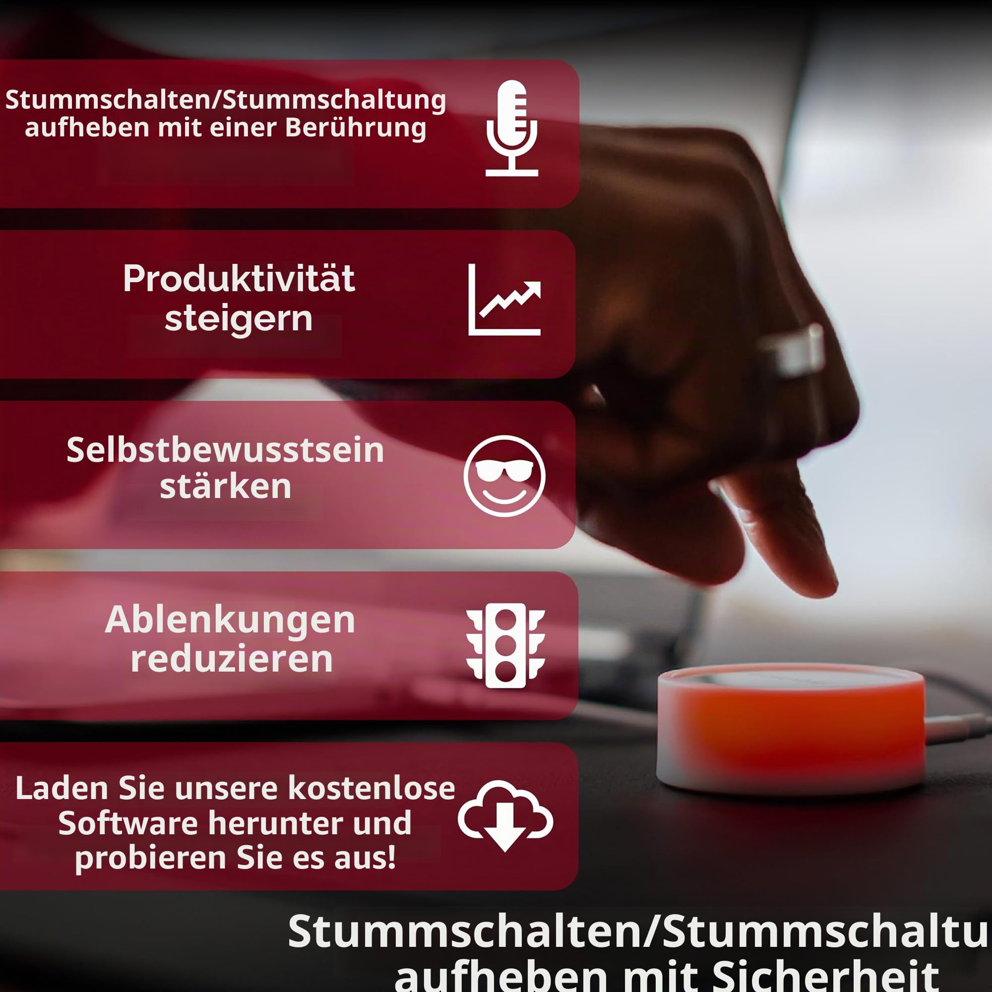 MuteMe, WebEx und mehr (wie bei Shark Tank), kompatibel mit Mac/PC. USB-Kabel und Adapter im Lieferumfang enthalten. Kostenloser Software-Download erforderlich.